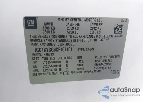 2012 Chevrolet Silverado 2500Hd Ltz z USA, uszkodzony, nr VIN 1GC1KYCG6CF167101